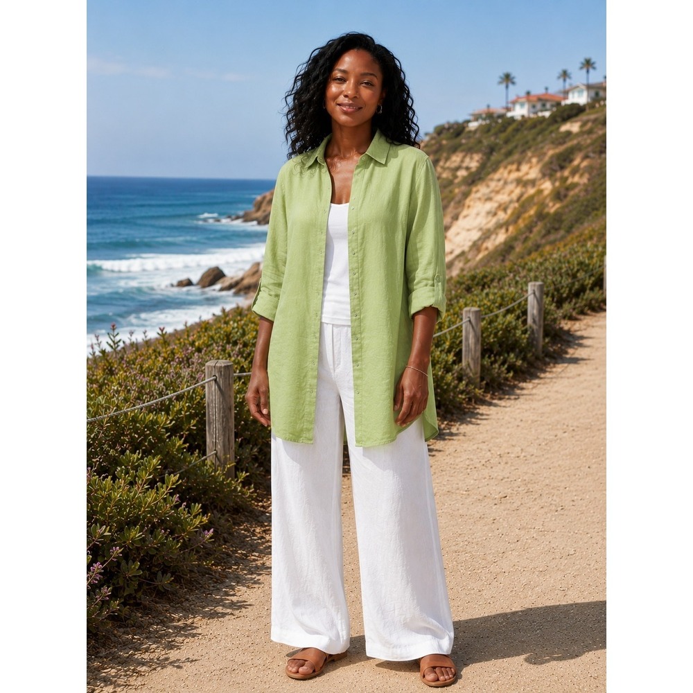 Sigrid Olsen Women's 3X 100% Linen Button Front Tunic Top Green Roll Tab Sleeves